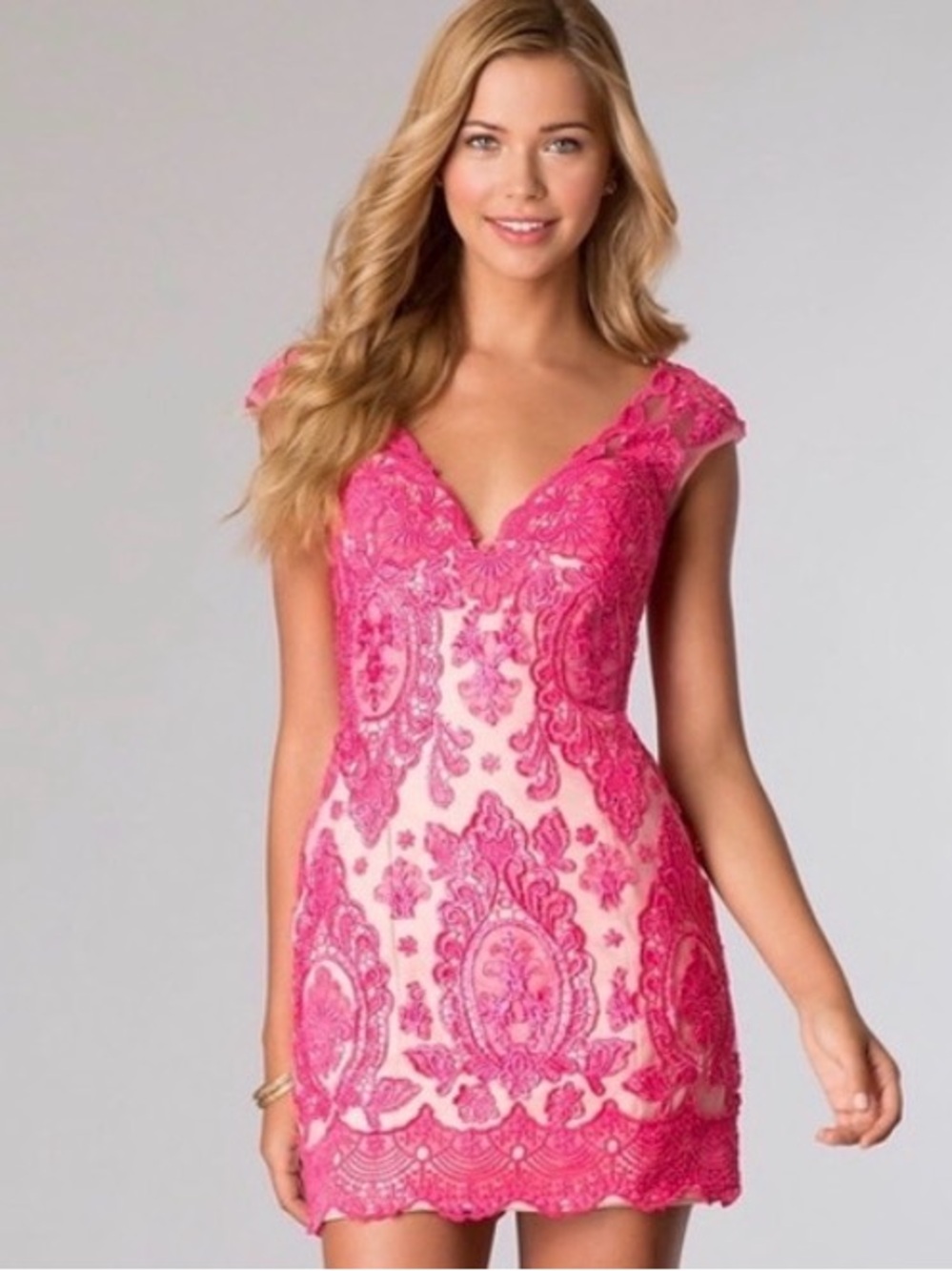 JVN by Jovani Hot Pink Lace Embroidered Mini Dress Homecoming Prom Size 8